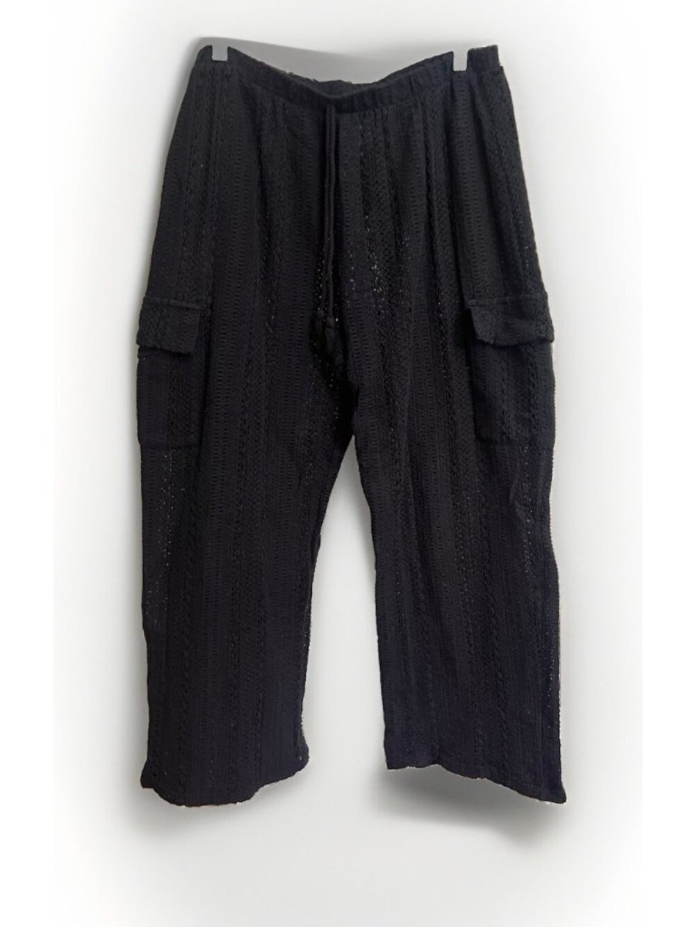 Boho Crochet Knit Wide Leg Pants Large Beach Coverup Black Sheer Resort Feminine